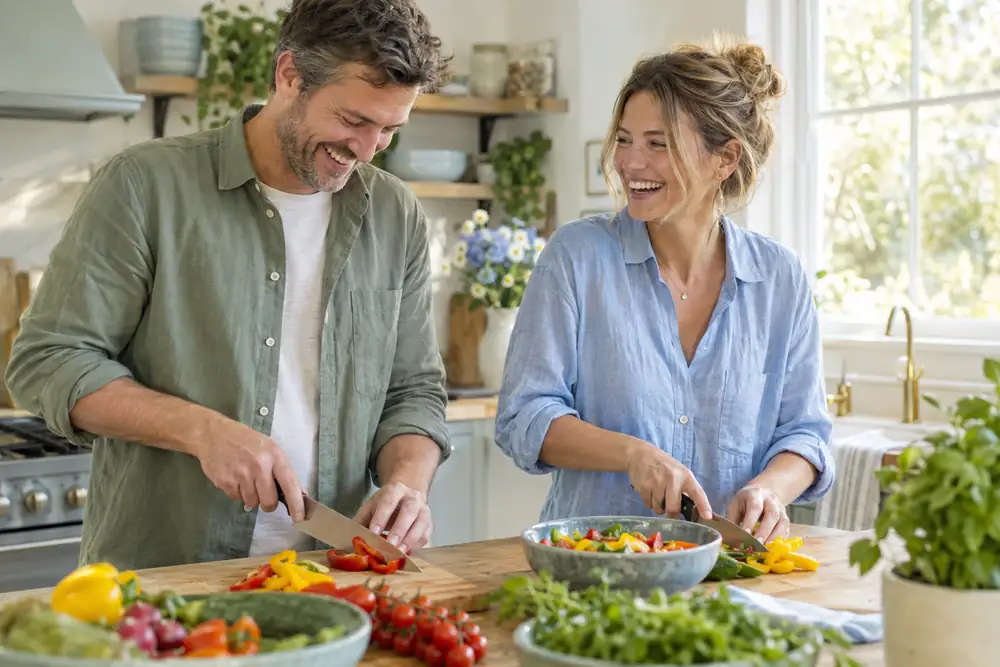 Two friends laughing while cooking together in a home kitchen (AI-generated lifestyle image)