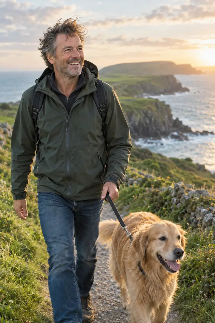 Man walking his golden retriever along an Irish coastal cliff path at sunset (AI-generated lifestyle image)