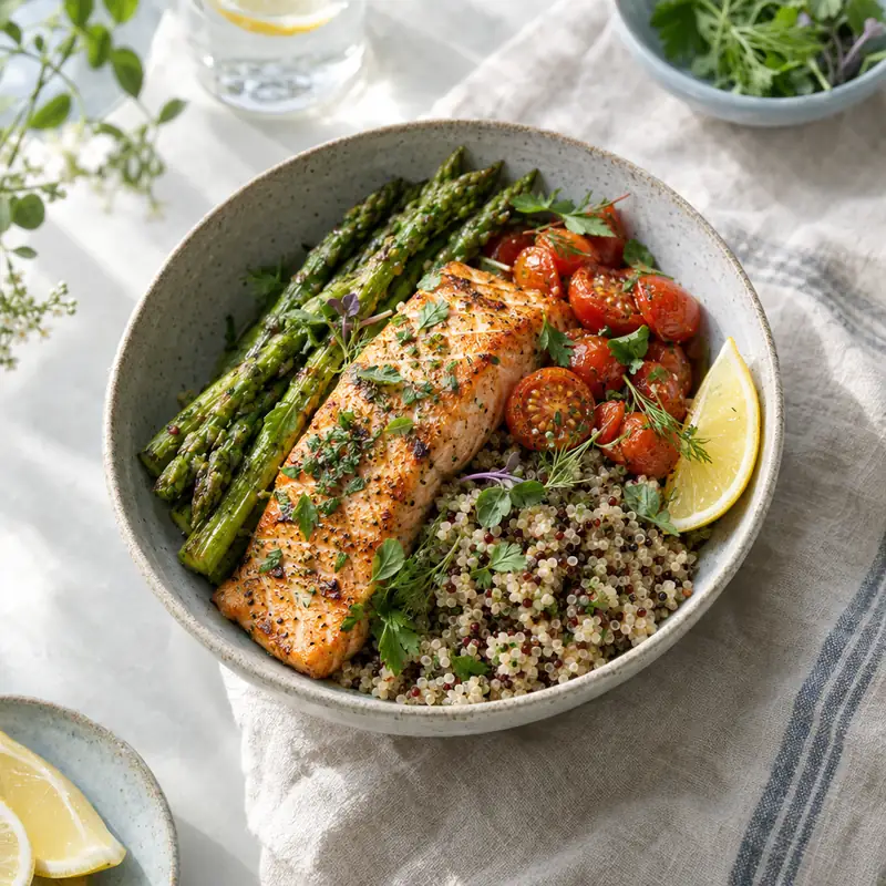 Grilled salmon, asparagus, tomato and quinoa bowl on a linen cloth (AI-generated lifestyle image)