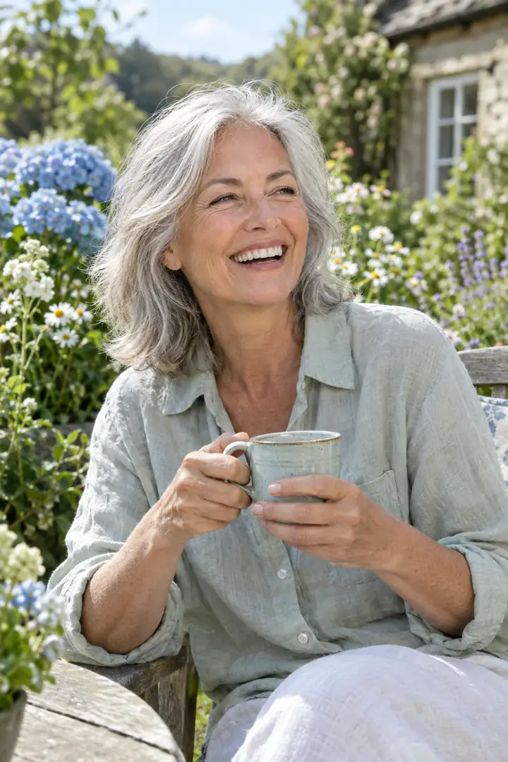 Woman laughing in a cottage garden with a mug of tea (AI-generated lifestyle image)