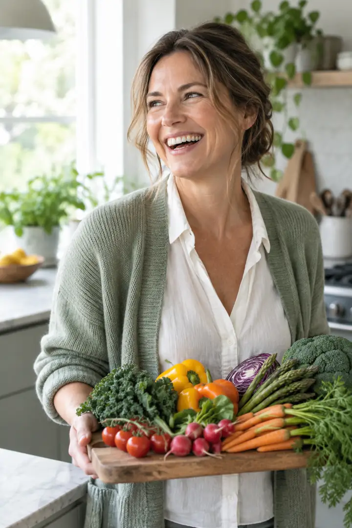 Woman laughing in a bright kitchen holding a board of fresh vegetables (AI-generated lifestyle image)